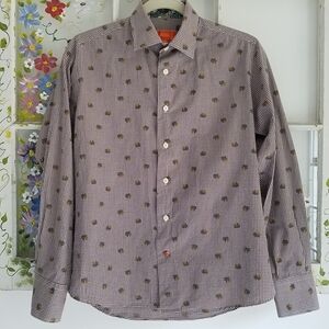 TALLIA Printed Floral Gingham Long Sleeve Shirt Burgundy Size Small